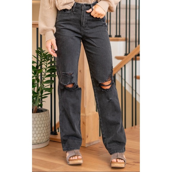 Judy Blue Denim - Women's Black Distressed Jeans, 90s Straight Leg
